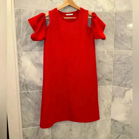Zara Womens Shift Dress Size M Red Textured Cold Shoulder - Picture 2 of 6